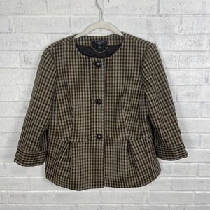 Talbots Brown Plaid Wool Peplum Jacket Womens Petite 12P Heritage Equestrian